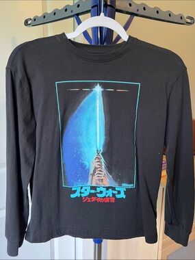 GAP Black Long Sleeve Star Wars Graphic Tee with Blue Lightsaber